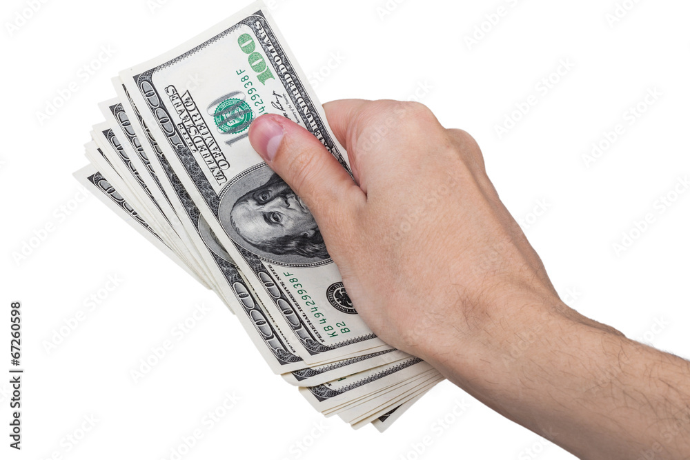 Man hand with 100 dollar bills isolated on a white background Man hand with 100 dollar bills isolated on a white background