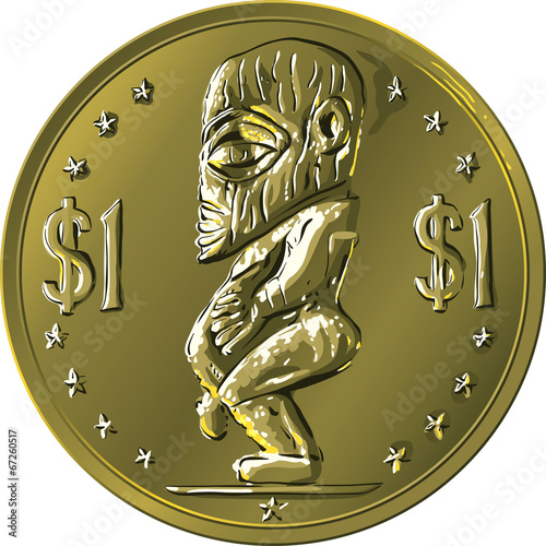 vector money gold coin Cook Islands Dollar with Maori god Tangar photo