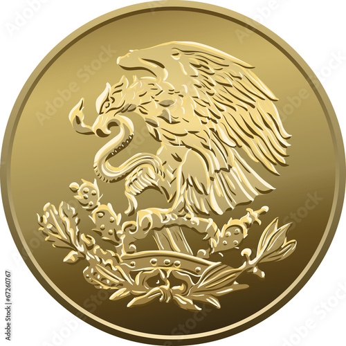 vector Mexican money gold coin with the image of the heraldic ea