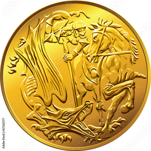 Vector British money gold coin sovereign, with the image of St.