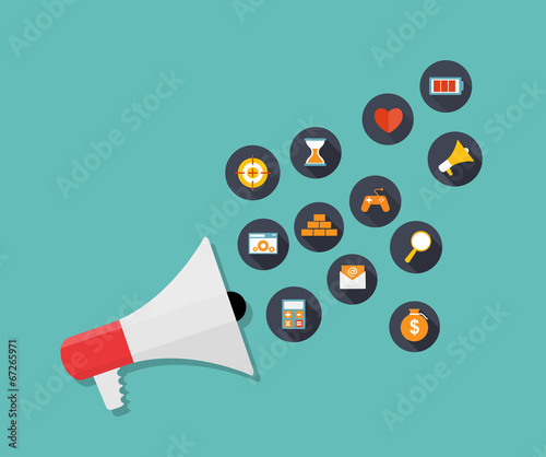 Hand holding Megaphone with Icon Set. Vector Illustration