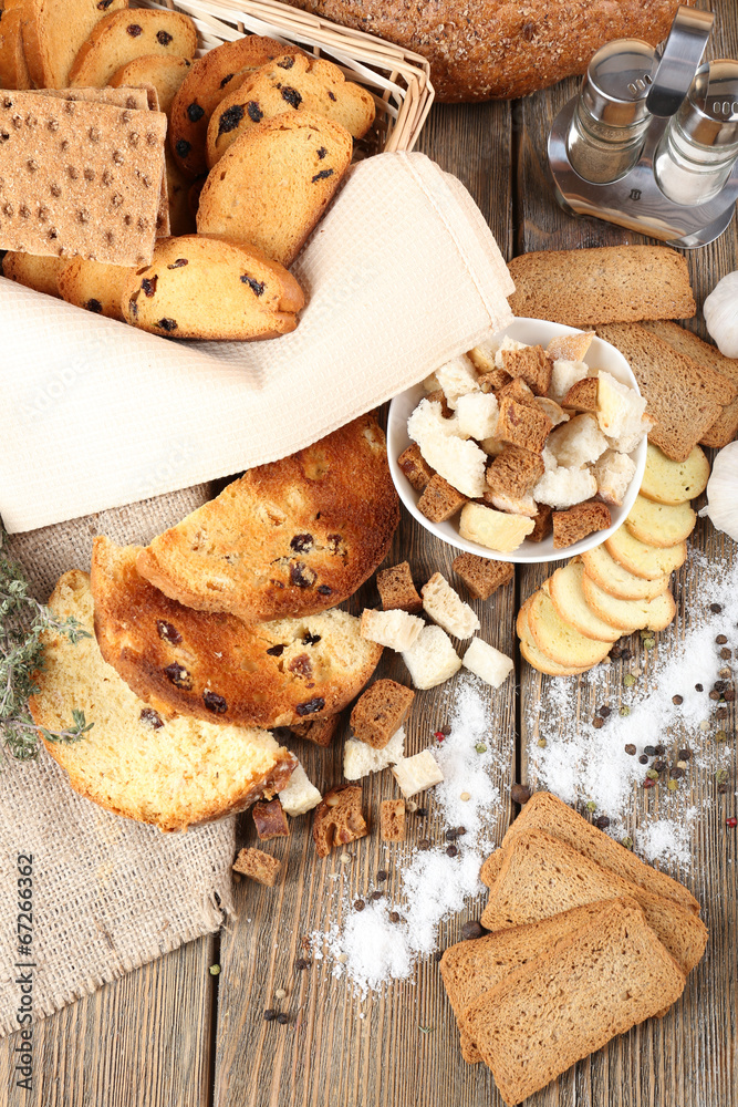 Fototapeta premium Homemade croutons on table in kitchen, close up