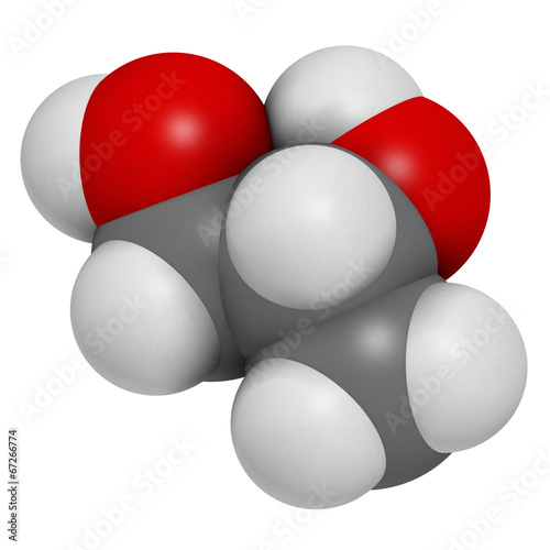 Propylene glycol (1,2-propanediol) molecule. Used as solvent.