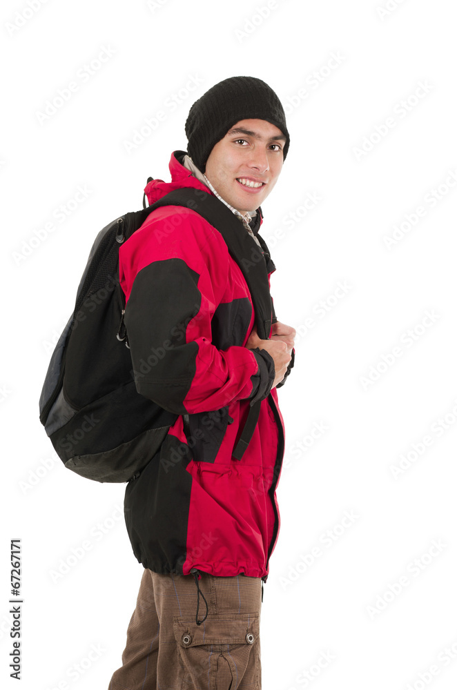 young man posing wearing red coat and backpack young man posing wearing red coat and backpack