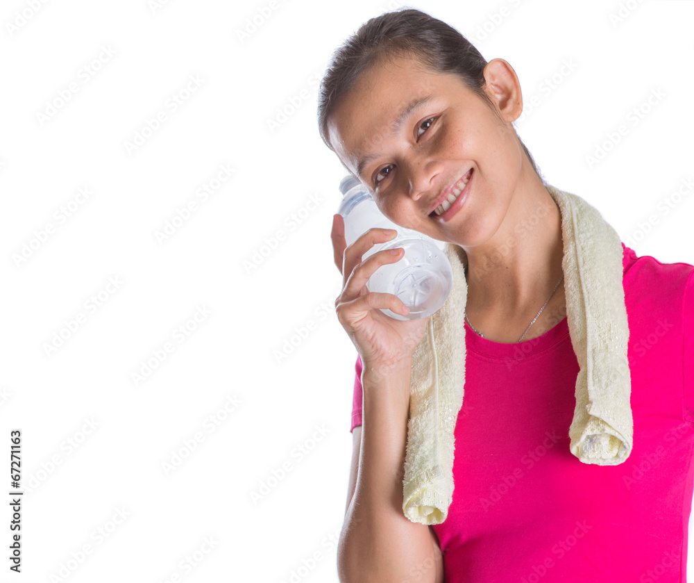 Female Asian in sports attire with a bottle of mineral water Female Asian in sports attire with a bottle of mineral water