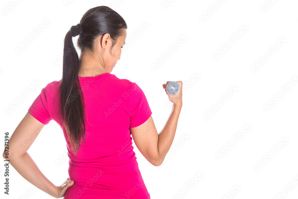 Female Asian in pink sports attire with a dumbbell Female Asian in pink sports attire with a dumbbell