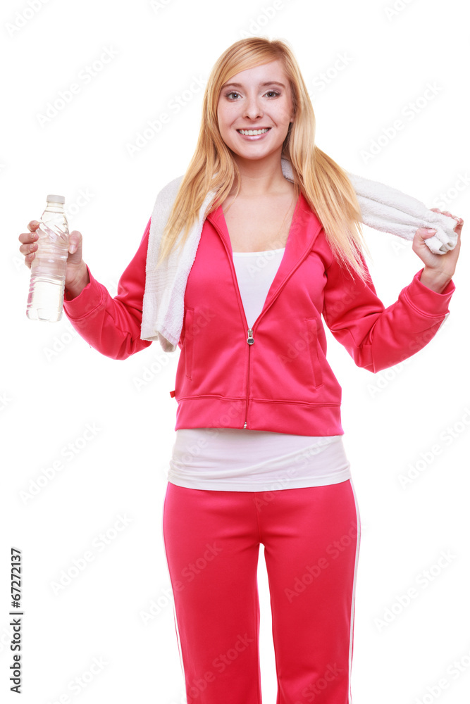 Fitness woman sport girl with towel and water bottle isolated Fitness woman sport girl with towel and water bottle isolated