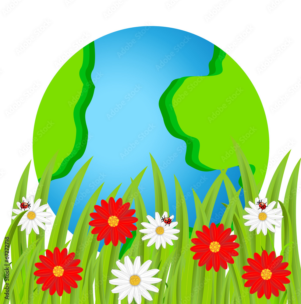 planet earth and flowers on a white background