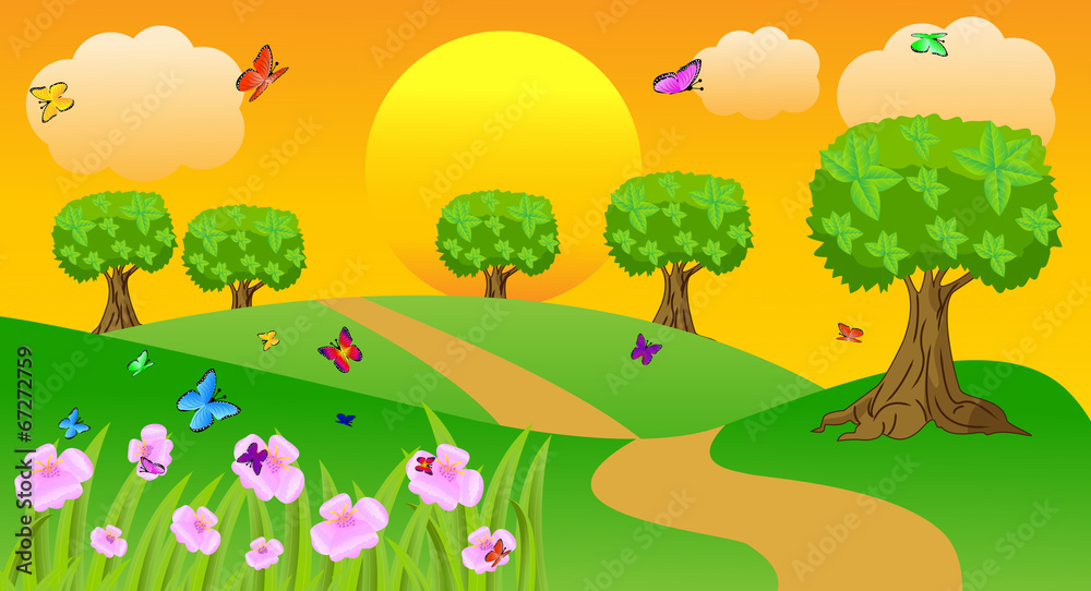 Obraz premium summer landscape at sunset with butterflies and flowers