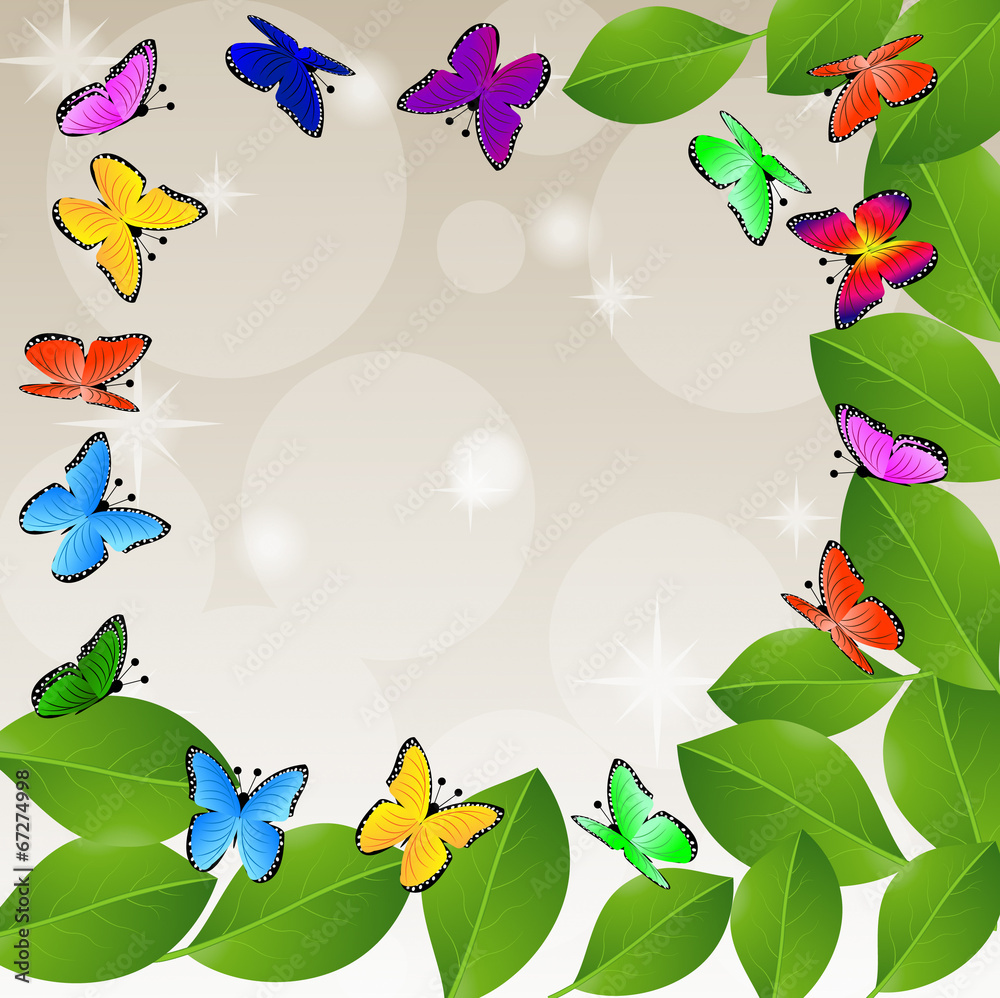 background  with green leaves and butterflies