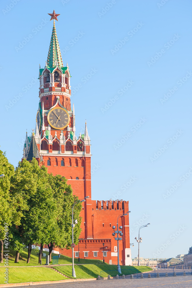 Kremlin's Spassky Tower with chimes and blue sky