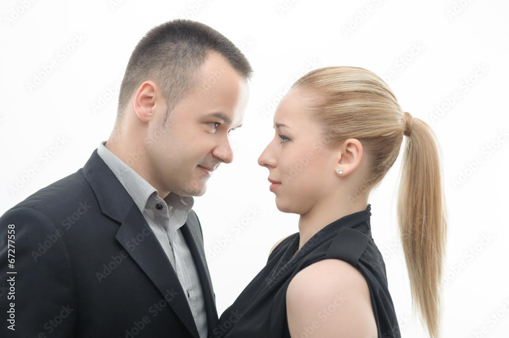 Colleagues shouting against each other on white background Colleagues shouting against each other on white background