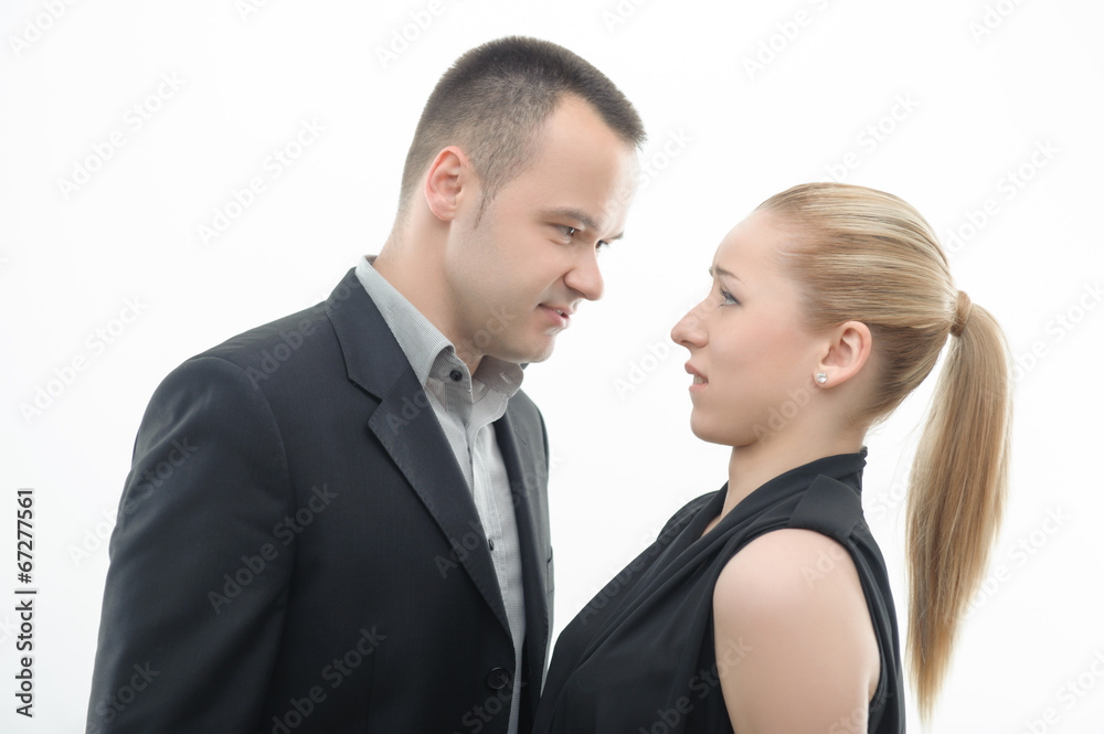 Colleagues shouting against each other on white background Colleagues shouting against each other on white background