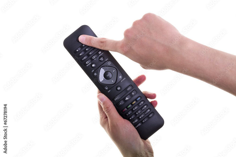 Female Hand Holding a Remote Controller on White Background Female Hand Holding a Remote Controller on White Background
