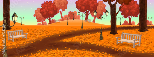 Park with benches and street lamps.