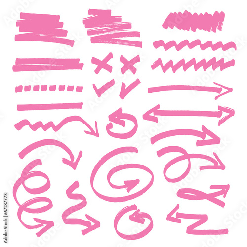 set of pink hand drawn arrows signs and highlighting elements