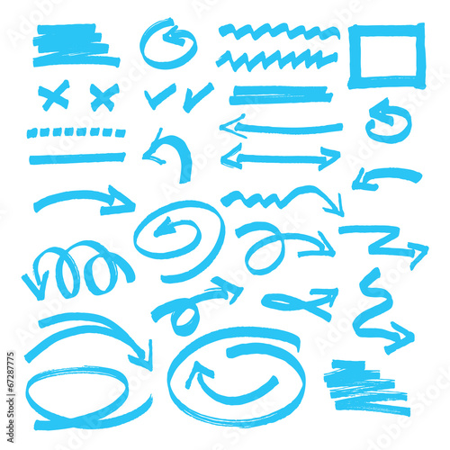 set of blue hand drawn arrows signs and highlighting elements