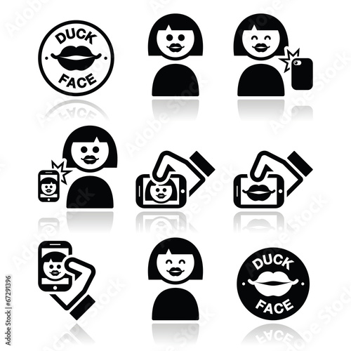 Duck face, girl taking selfie with smartphone icons set