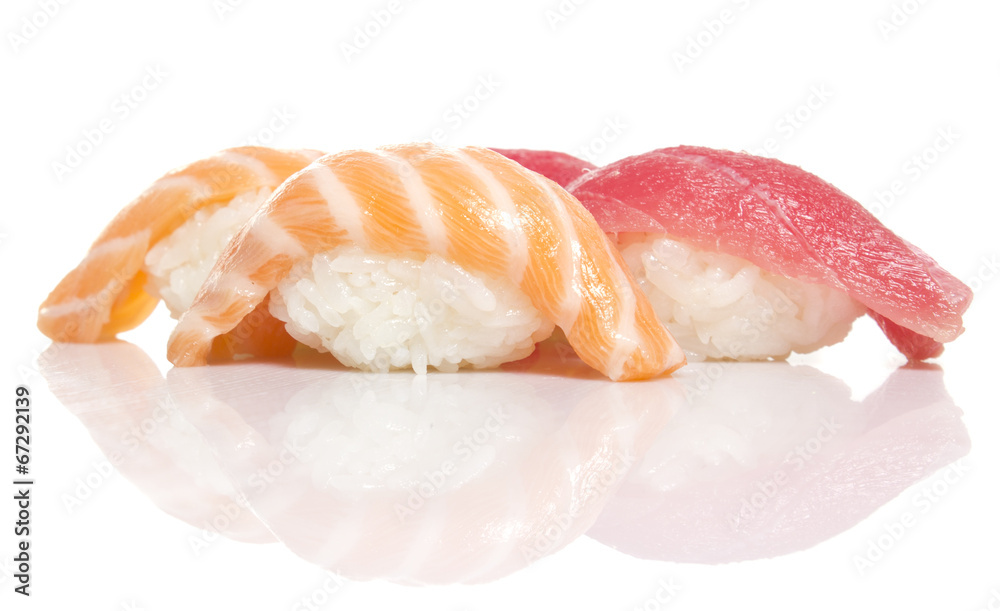 Sslmon and tuna sushi niiri isolated