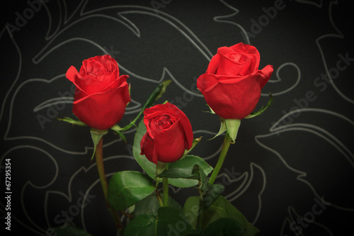 Three red roses over black backround