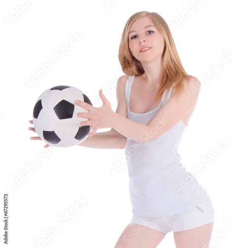 Young caucasian female with soccer ball on white background