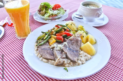 Austrian braised beef with soup and salad