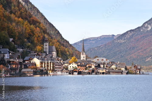 Hallstatt town nearby lake in Autumn