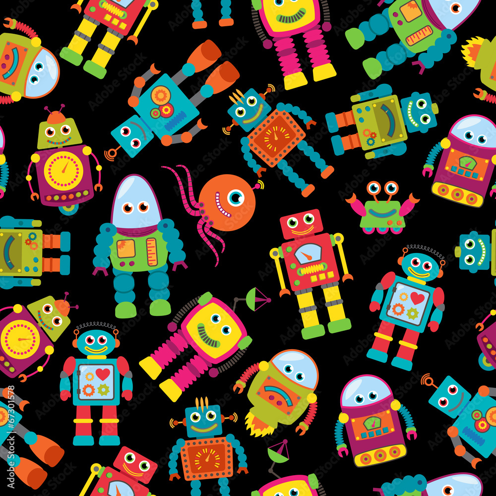 Seamless Tileable Vector Background Pattern with Cute Robots