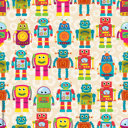Seamless Tileable Vector Background Pattern with Cute Robots