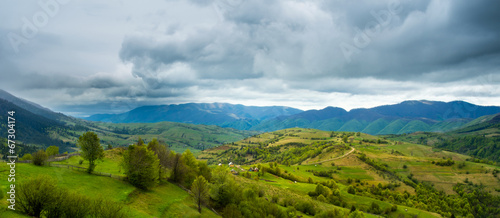 green fields and hills in the Transcarpathian mountains