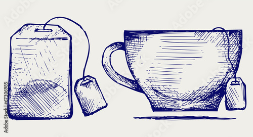 Tea bag and cup. Doodle style