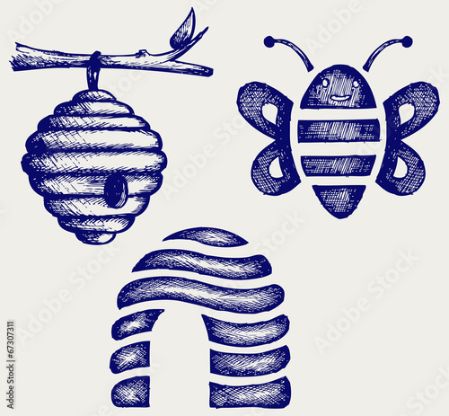 Honey bees and hive. Doodle style