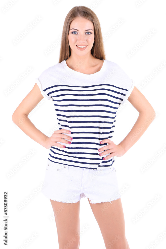 Beautiful young girl shorts and t-shirt isolated on white Beautiful young girl shorts and t-shirt isolated on white