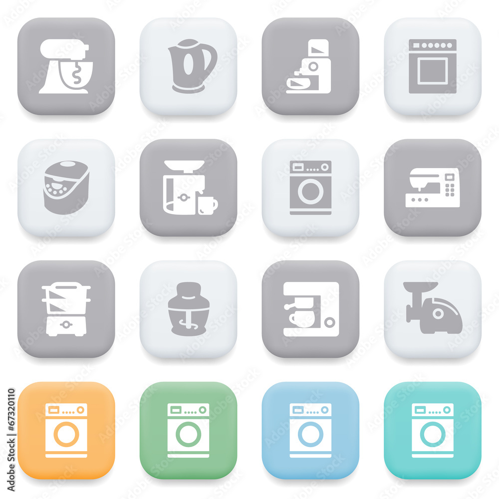 Kitchen appliances icons on color buttons. Kitchen appliances icons on color buttons.