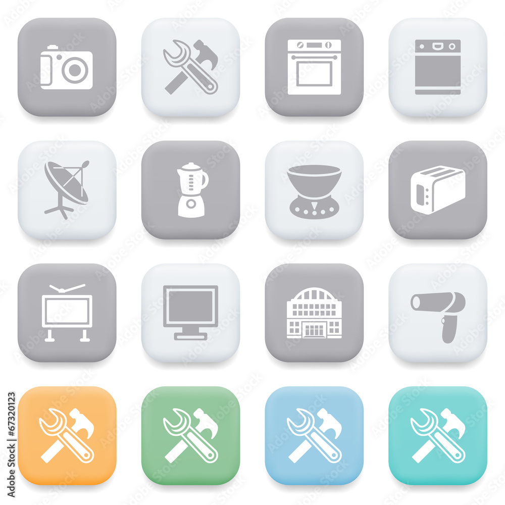 Home appliances icons on color buttons. Home appliances icons on color buttons.