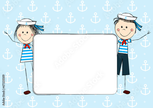 Funny sailor kids with paper card