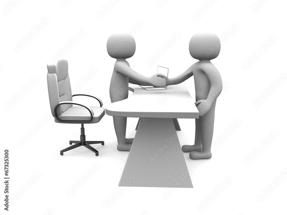 Two 3d businessmen shake hands in an office - 3d render Two 3d businessmen shake hands in an office - 3d render