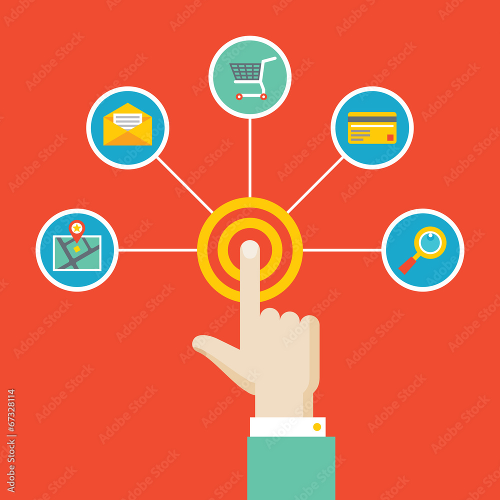 Human Hand - Touch Concept with Icons in Flat Design Style Human Hand - Touch Concept with Icons in Flat Design Style