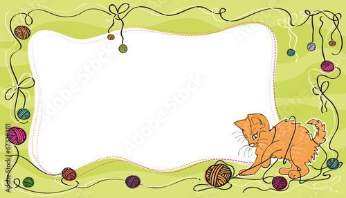 Card with cute red cat plying with yarn balls, green background