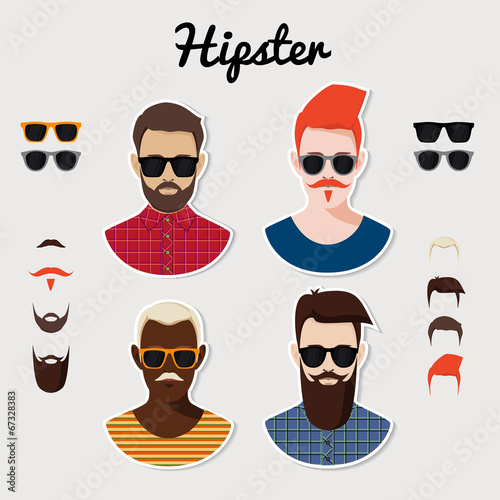 Set of hipster with hairstyle, beards, mustaches, glasses.