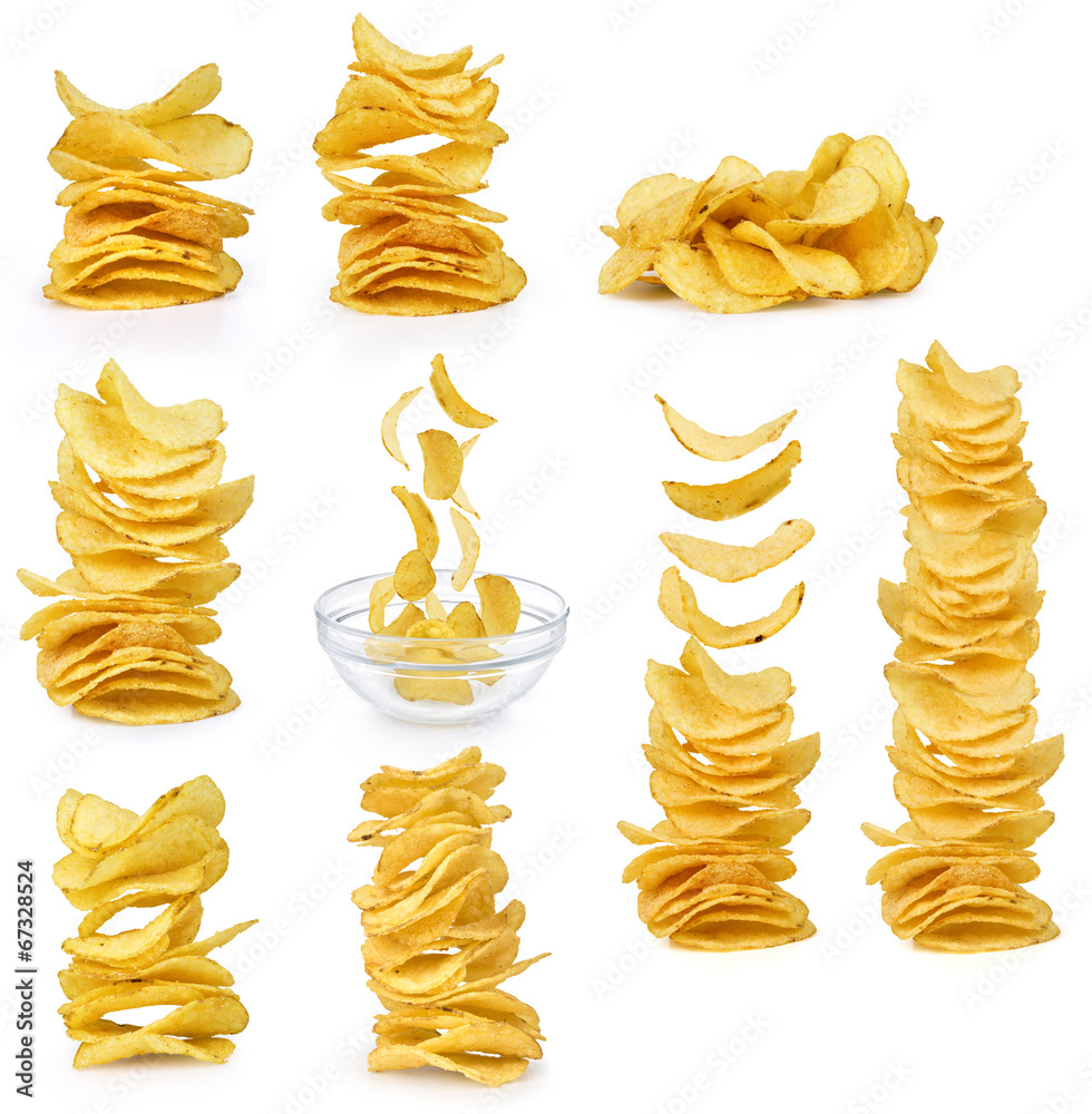 Collection potato chips isolated on white background