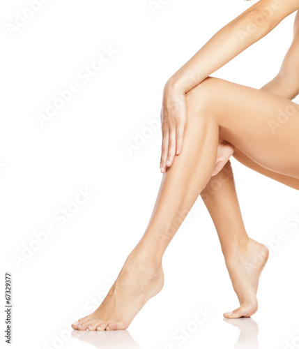 pretty female legs and hands on white background