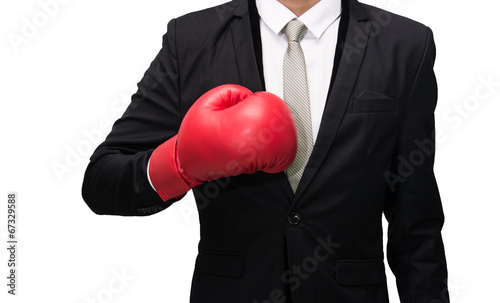Businessman standing posture in boxing gloves isolated