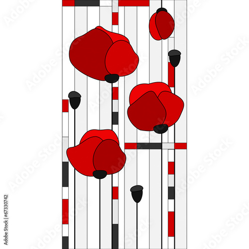 stained glass window with red poppies