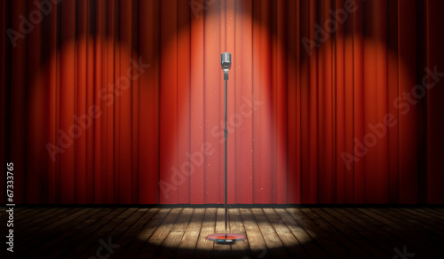 3d stage with red curtain and vintage microphone in spot light