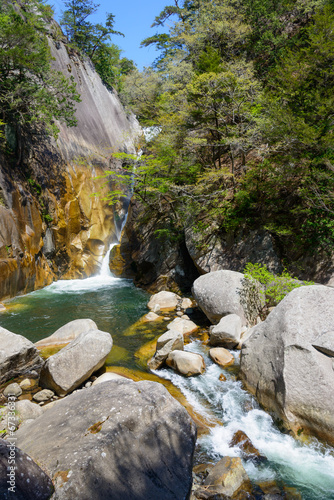 Shosenkyo Gorge in fresh green in Kofu, Yamanashi, Japan photo