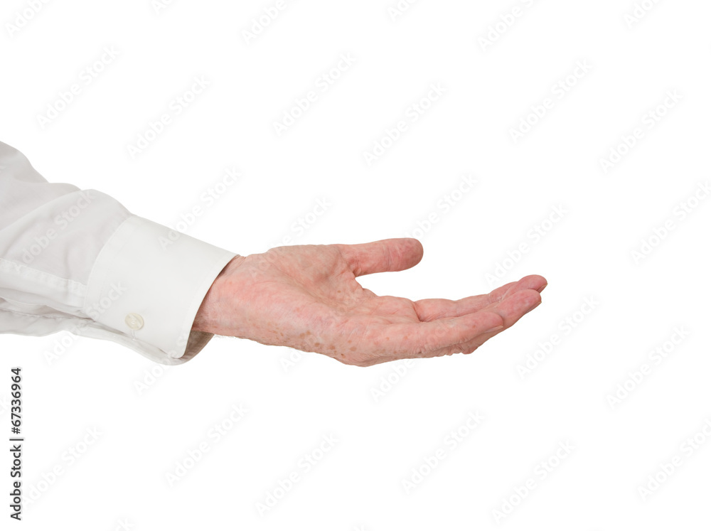 Extended hand. Older man, outstretched hand, white background