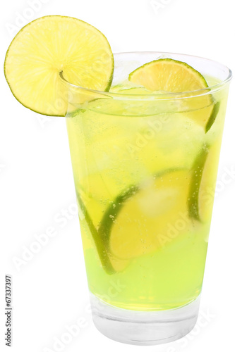 Lemonade with lime and ice cubes.