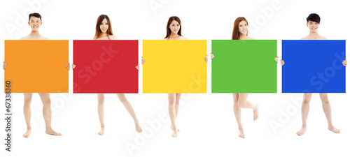 young people holding blank color boards