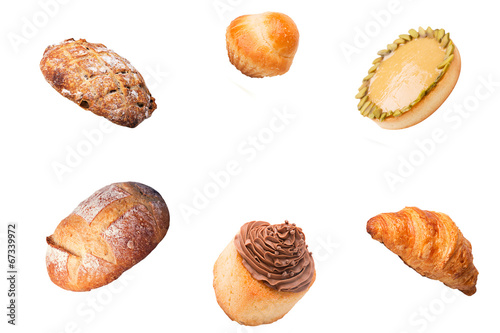 Collage of images of bread isolated on white background